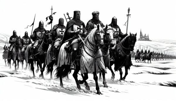 Armored knights in cross-marked surcoats ride horses across a snowy plain toward a distant city