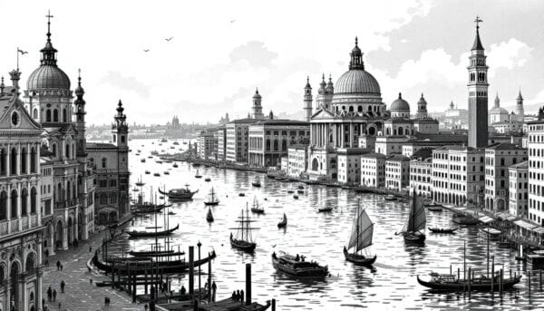 Black and white engraving of a wide canal lined with domed churches, palaces and sailing boats