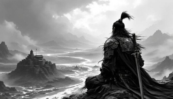 Armored warrior with long hair stands on a ridge overlooking a river valley and hilltop fortress
