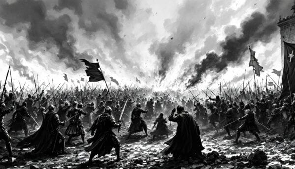 Black and white illustration of a chaotic medieval battlefield with banners, spears, smoke and fallen soldiers