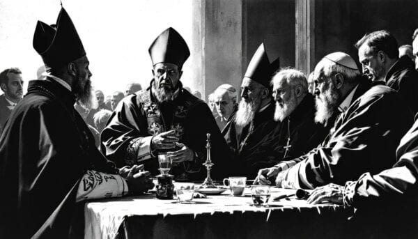Black and white illustration of mitred bishops and cardinals debating around a long table