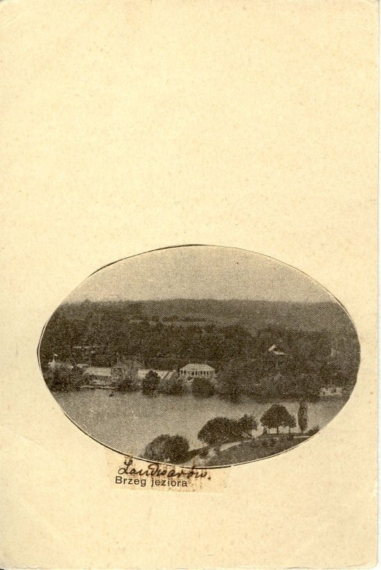 Early Lentvaris Lakeshore Postcard Sepia oval-vignette postcard showing a wooded lakeshore with villas, captioned Landwarow, Brzeg jeziora