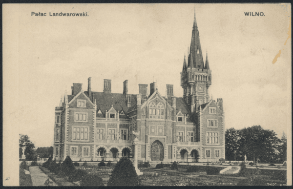 Vintage postcard showing a neo-Gothic palace with tall spired tower, gabled wings and formal gardens