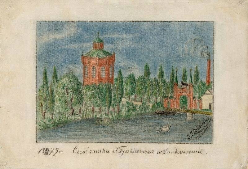 Coloured pencil drawing of a red brick tower and gatehouse beside a pond, with a smoking factory chimney