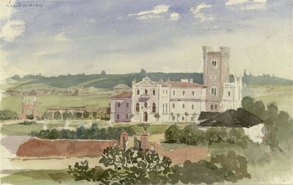 Watercolour of a pale manor house with tall tower, arched gateway and parkland under a cloudy sky