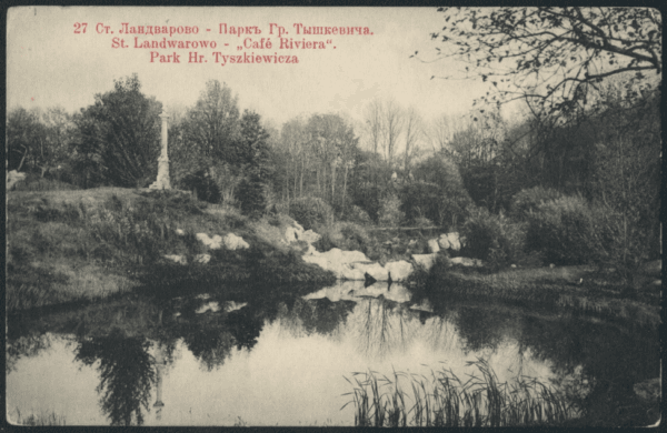 Manor Park Postcard Marketed as Riviera Antique postcard showing a manor park pond, obelisk monument and trees, captioned Café Riviera in three languages