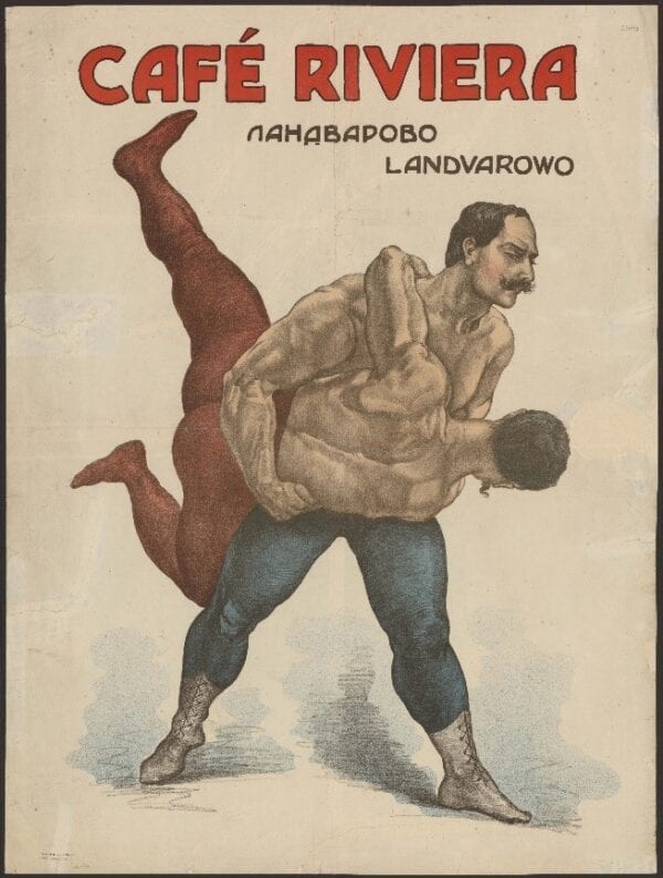 Cafe Riviera Wrestling Poster Color lithograph poster showing two wrestlers grappling, one upended, above red Cafe Riviera Landvarowo lettering