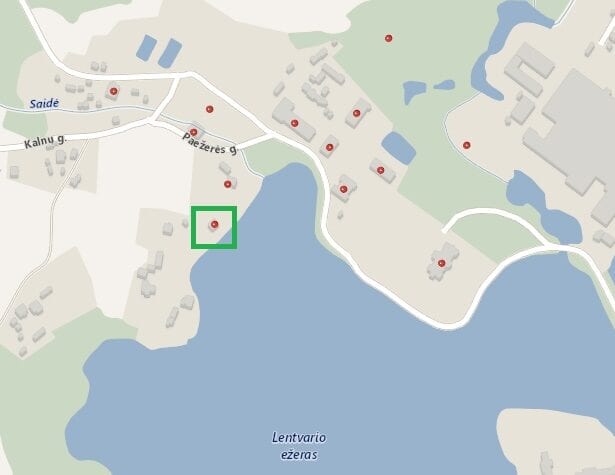 Riviera Cafe Site by Lentvaris Lake Street map with red markers near a lake shore, one site highlighted by a green square
