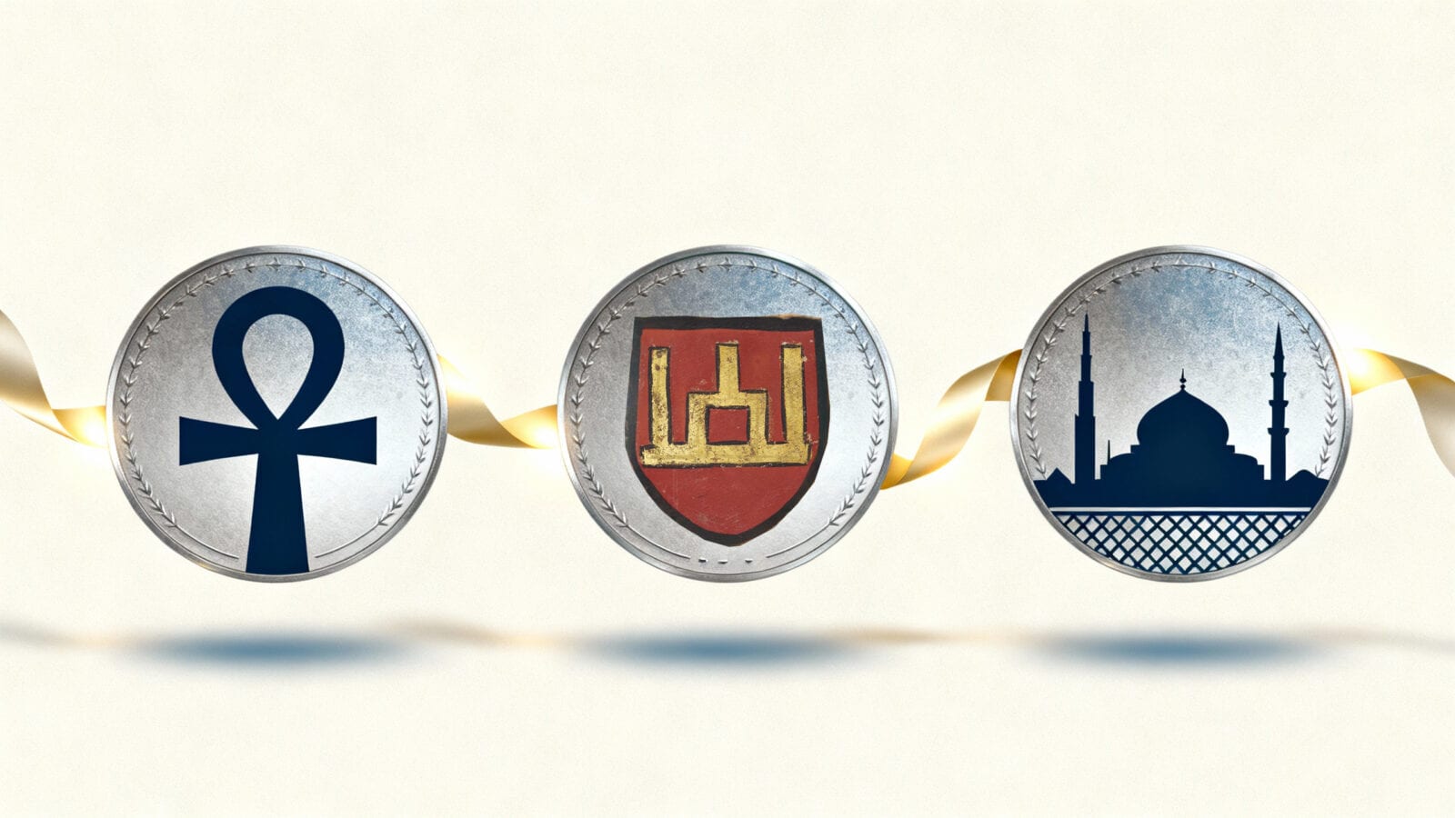 Three silver medallions showing an ankh, a heraldic shield and a domed mosque, linked by gold ribbon