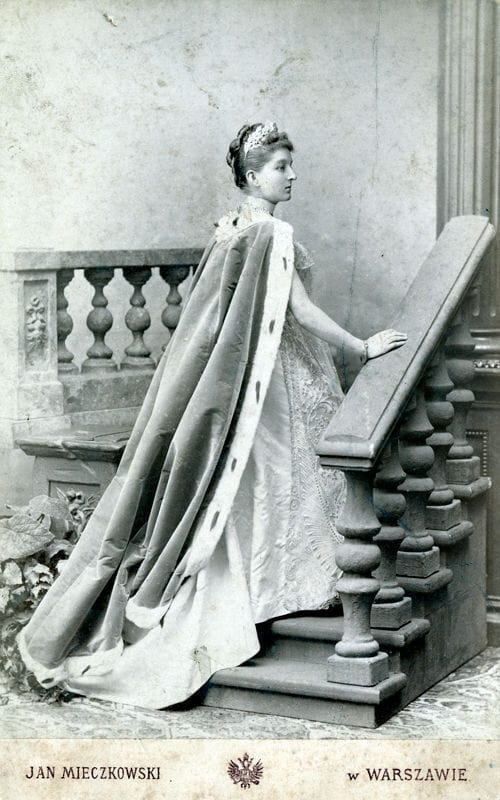 Aristocratic Court Portrait, Warsaw Studio Studio portrait of an aristocratic woman in court gown, tiara and ermine-lined train on a staircase