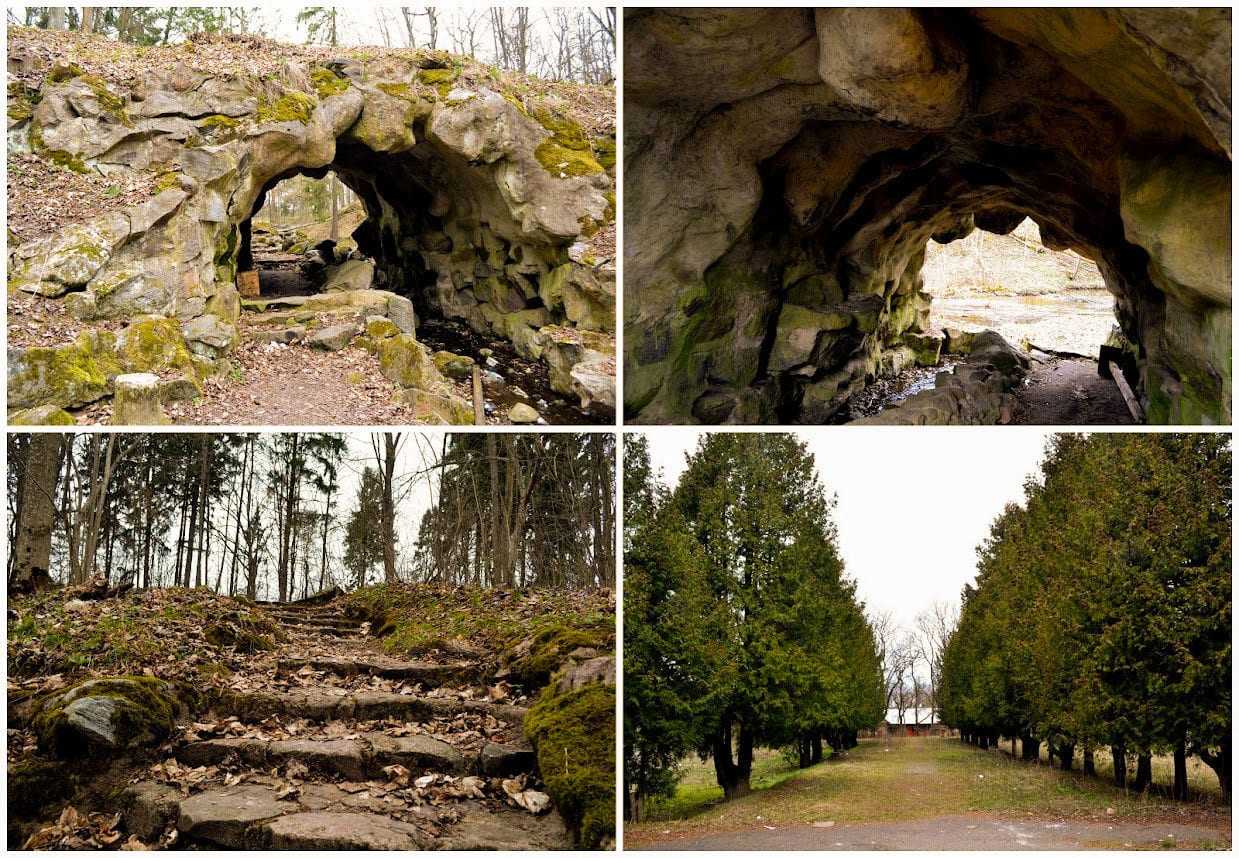 Four views of a mossy stone grotto arch, leaf-covered stone steps and a thuja-lined avenue