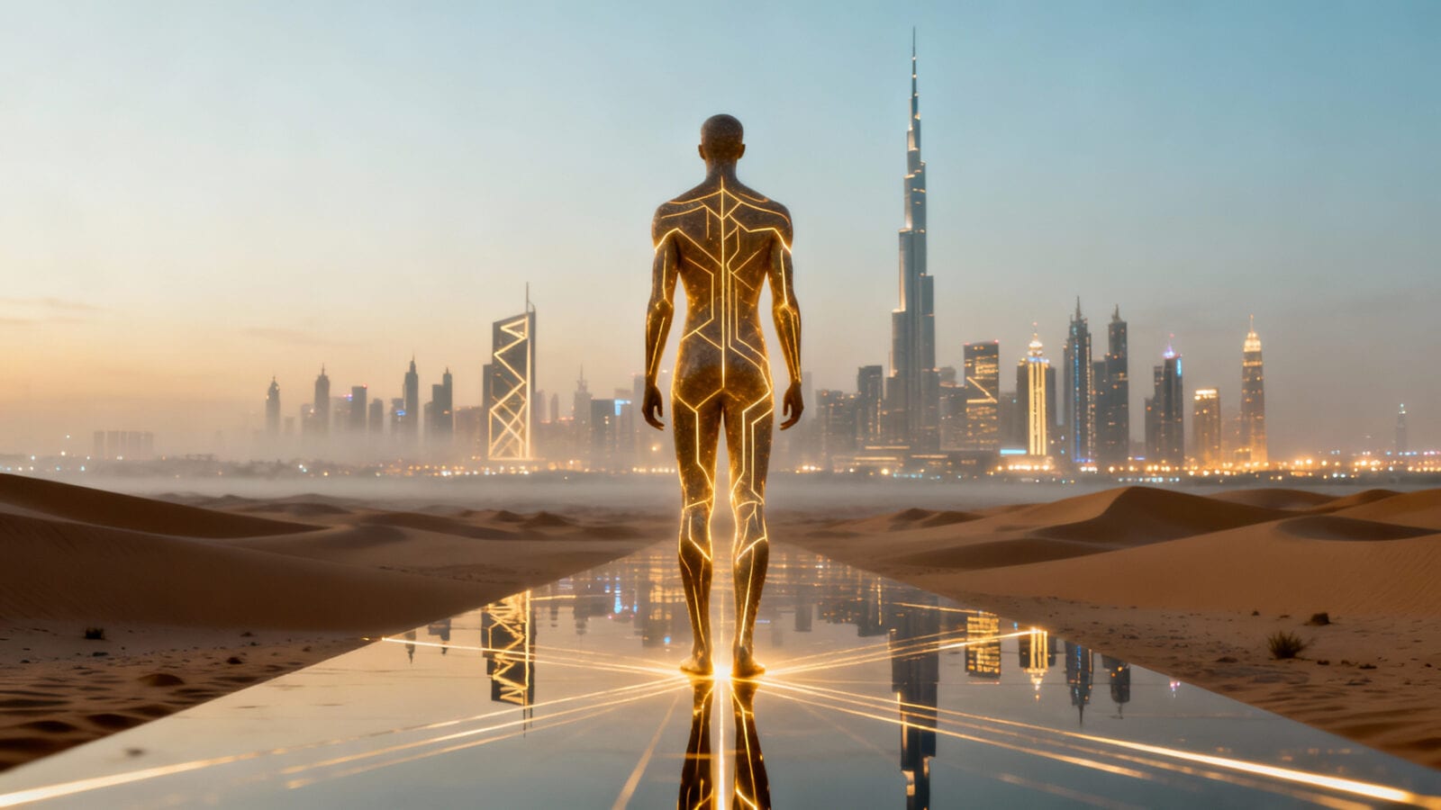 Glowing gold-lined human figure stands on mirrored path facing a desert skyline at dawn