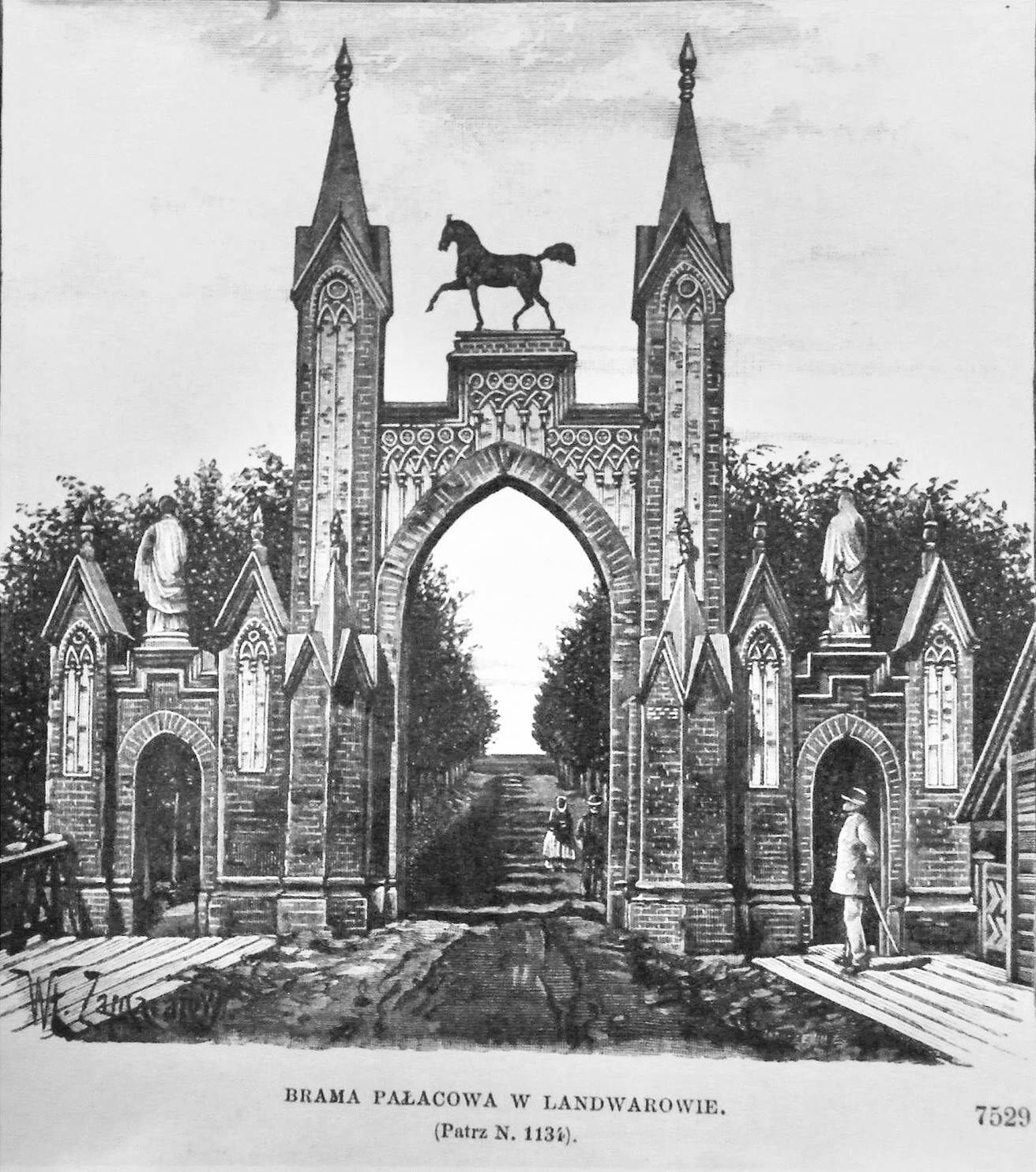 Historic Lentvaris Manor Gate Engraving Engraving of a neo-Gothic brick manor gateway topped by a horse statue, with figures on the tree-lined drive