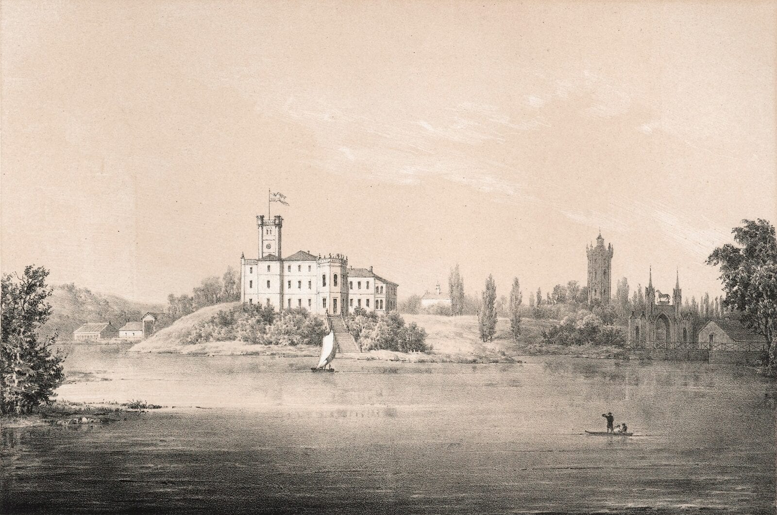Lithograph of a hilltop manor with clock tower above a lake, sailboat and rowers below