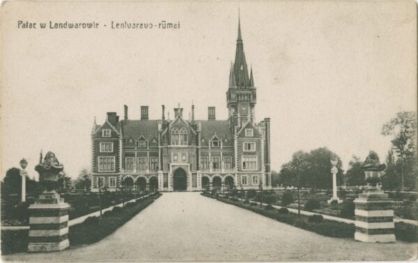 Vintage postcard showing a grand neo-Gothic manor with spired tower, formal drive and stone gate pillars
