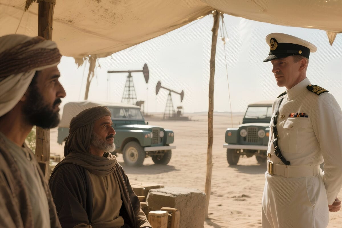 British naval officer in white uniform speaks with two robed men under a tent near oil derricks and Land Rovers