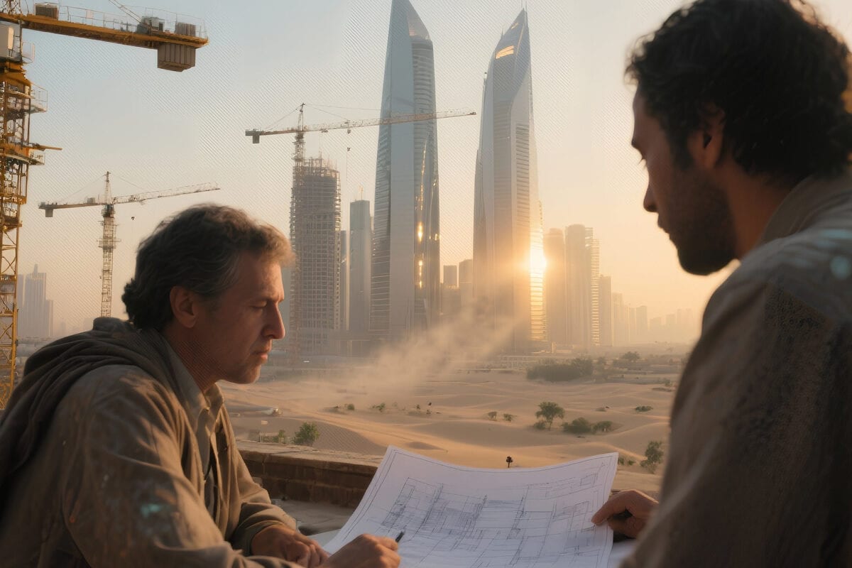 Two men study building plans on a rooftop as cranes and towers rise from desert at sunset
