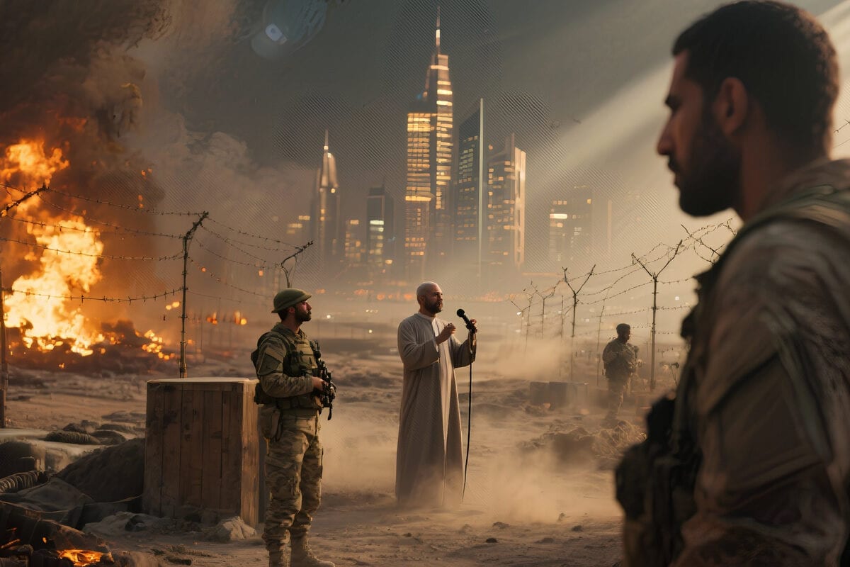 Soldiers and a robed man with a microphone stand in smoke and barbed wire before a lit skyline
