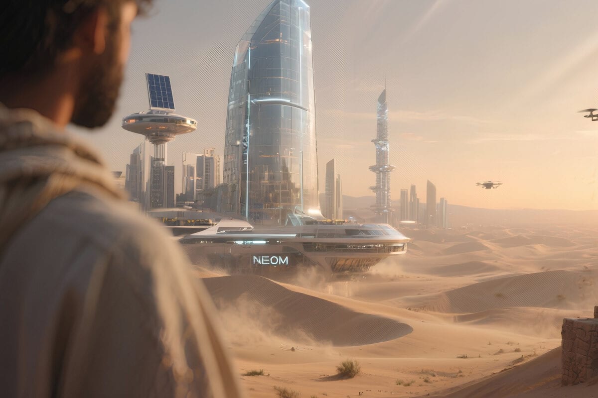 Man in headscarf watches a futuristic desert city with towers, hovering craft and drones at dusk