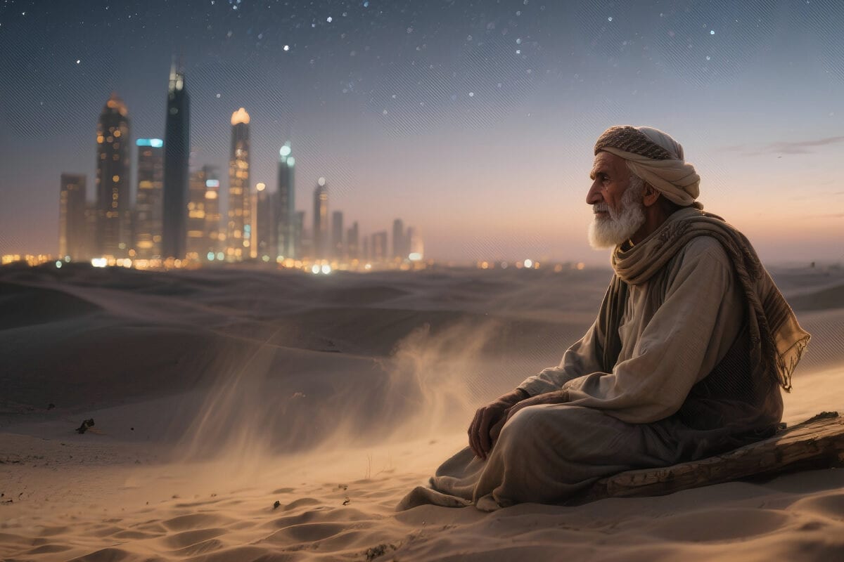 Elderly man in robes and headscarf sits on a dune at dusk, lit skyline behind