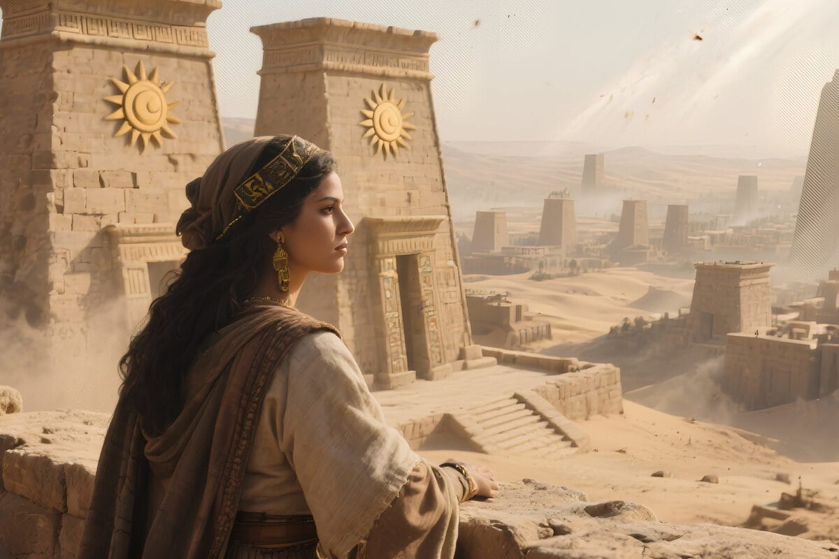 Woman in headscarf gazes over sunbaked stone temples with sun emblems and desert ruins