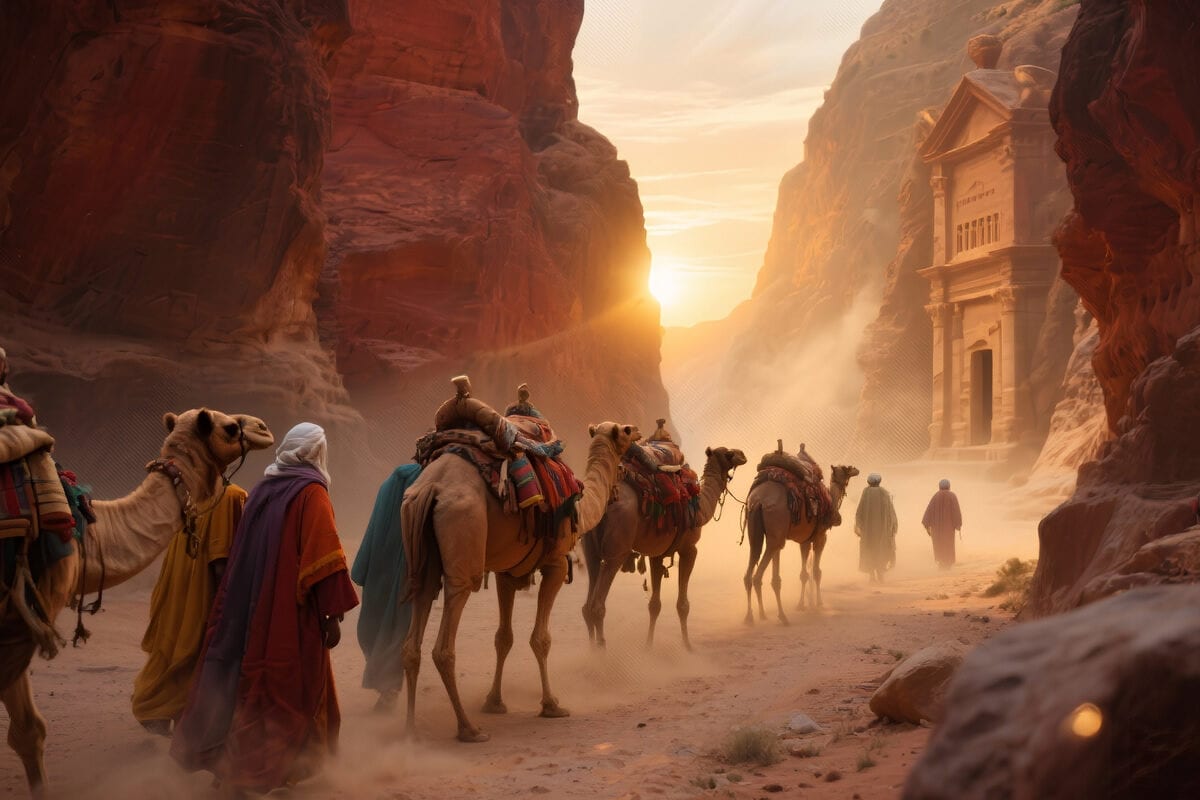 Robed traders lead loaded camels through a red sandstone gorge toward a rock-carved temple facade at sunset