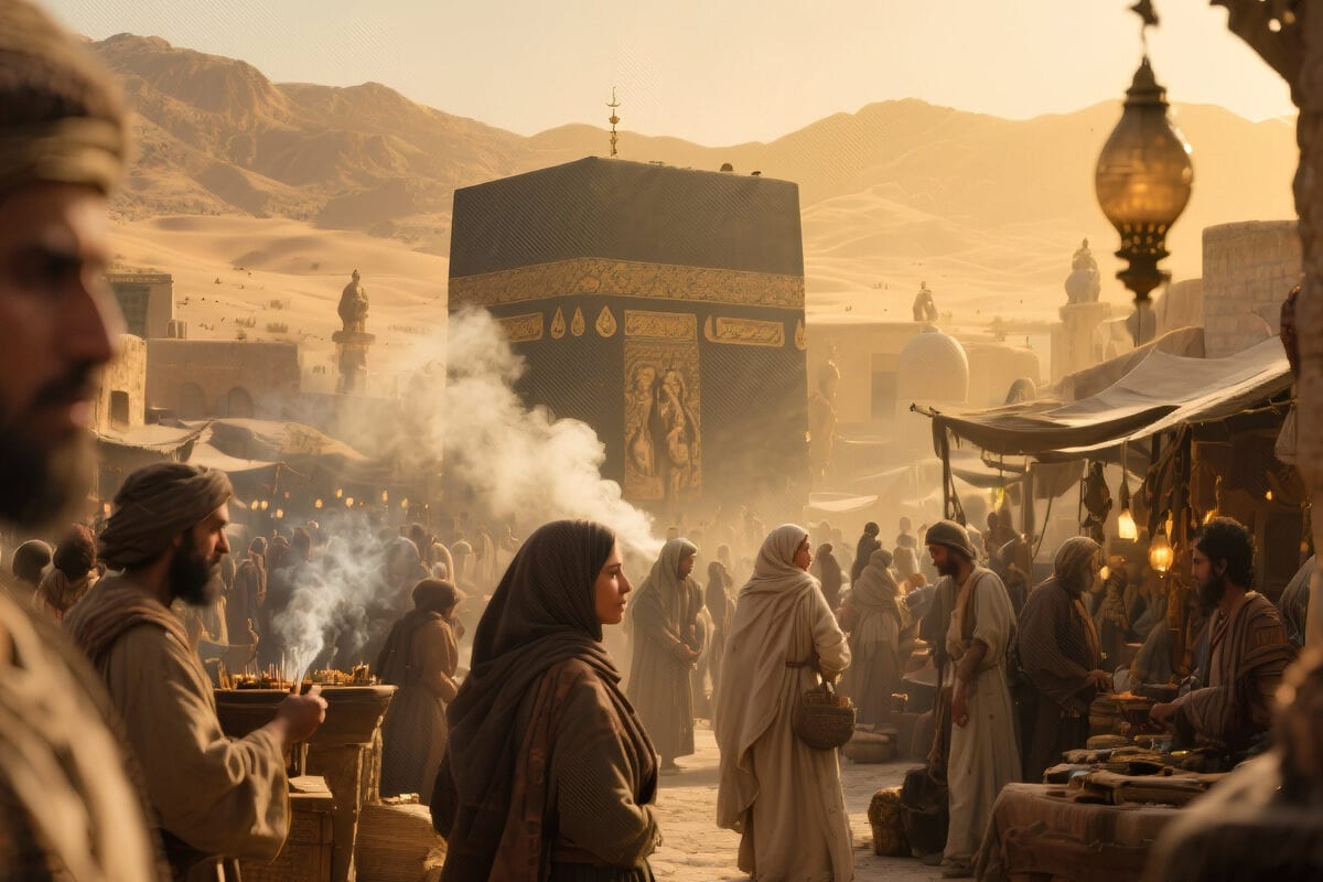 Crowded desert market at dawn with traders, incense smoke and a cube-shaped shrine beyond
