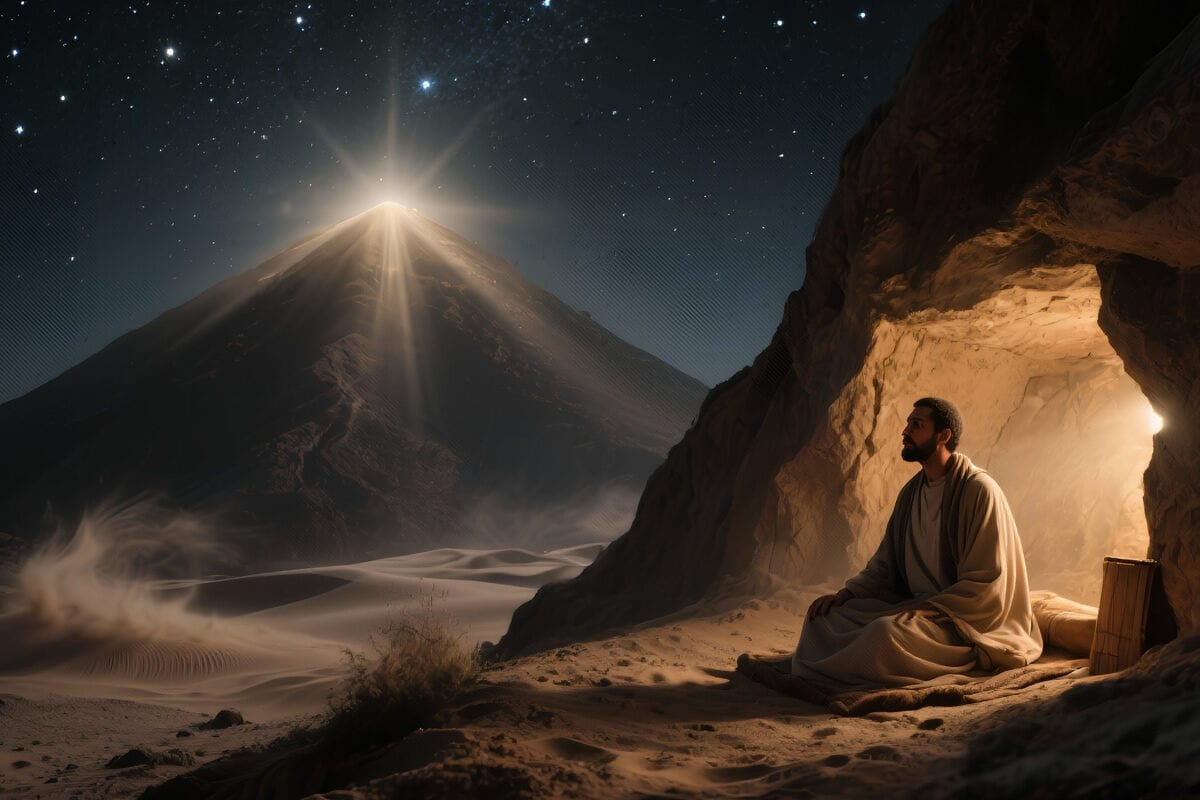 Robed man kneels in a lamplit desert cave at night, gazing at a star-crowned mountain