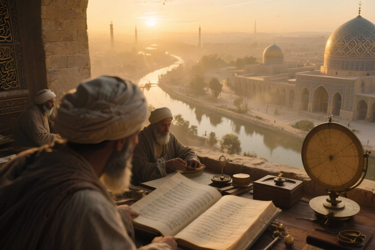 Robed scholars study a manuscript and astronomical instruments on a terrace above a river city at dawn