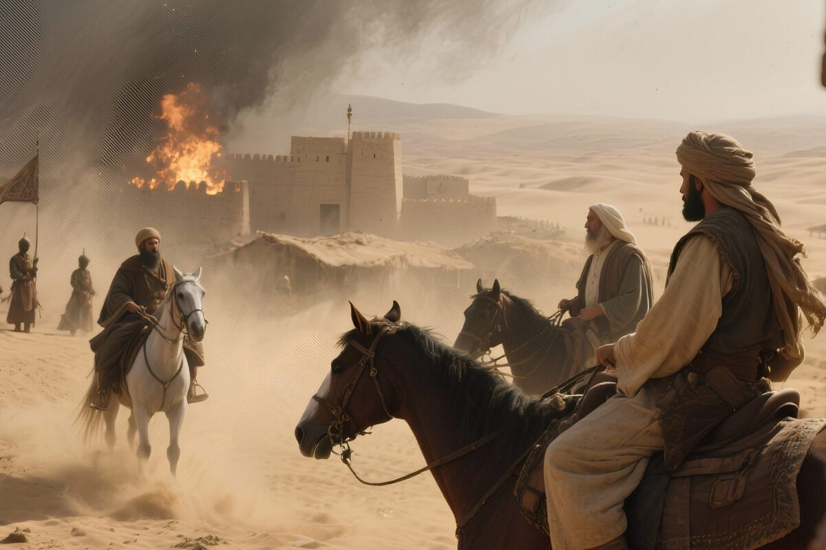 Riders on horseback watch smoke rise from a burning desert fortress as armed men approach