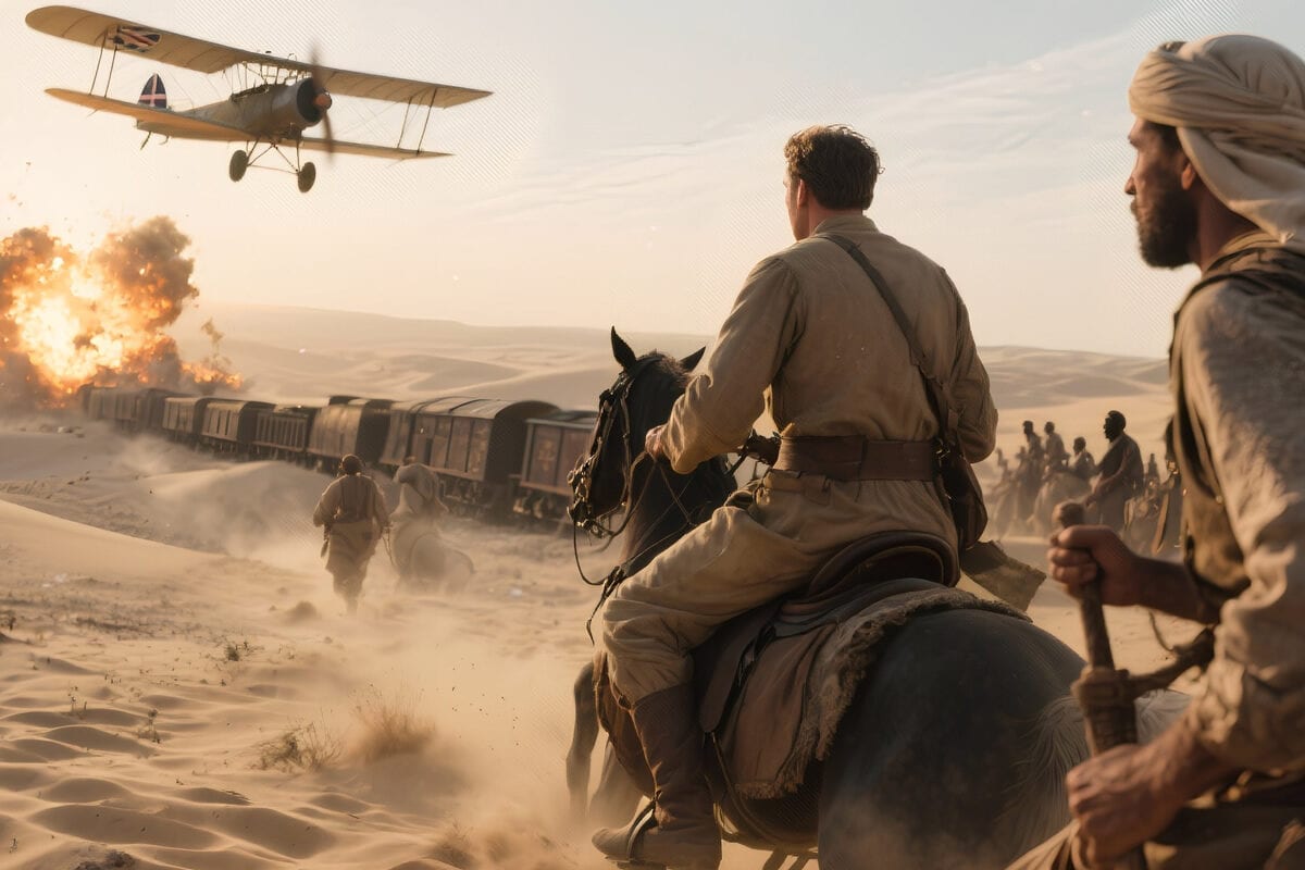 Mounted riders in desert watch a biplane over a burning railway train amid dunes