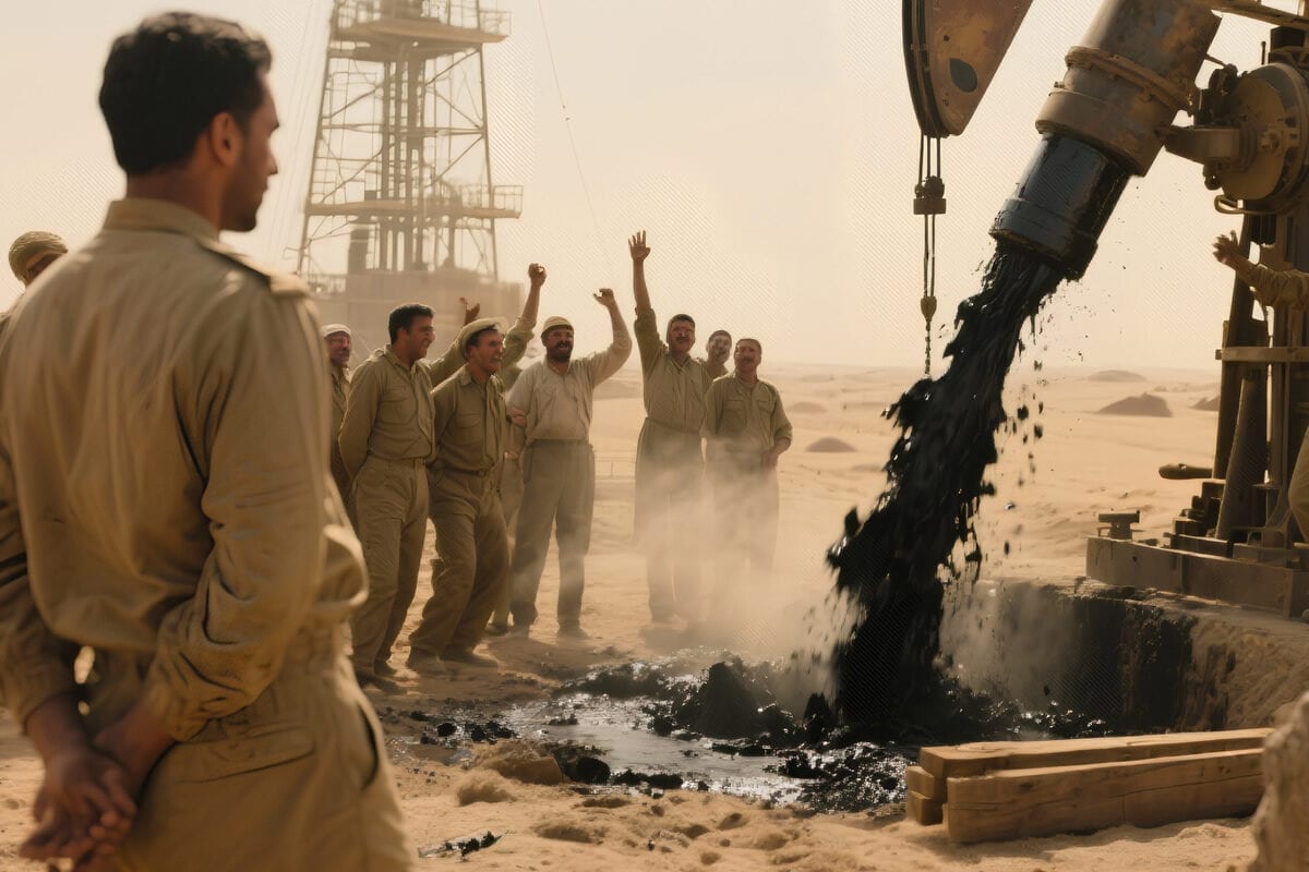 Workers in khaki uniforms cheer as crude oil gushes from a desert drilling rig