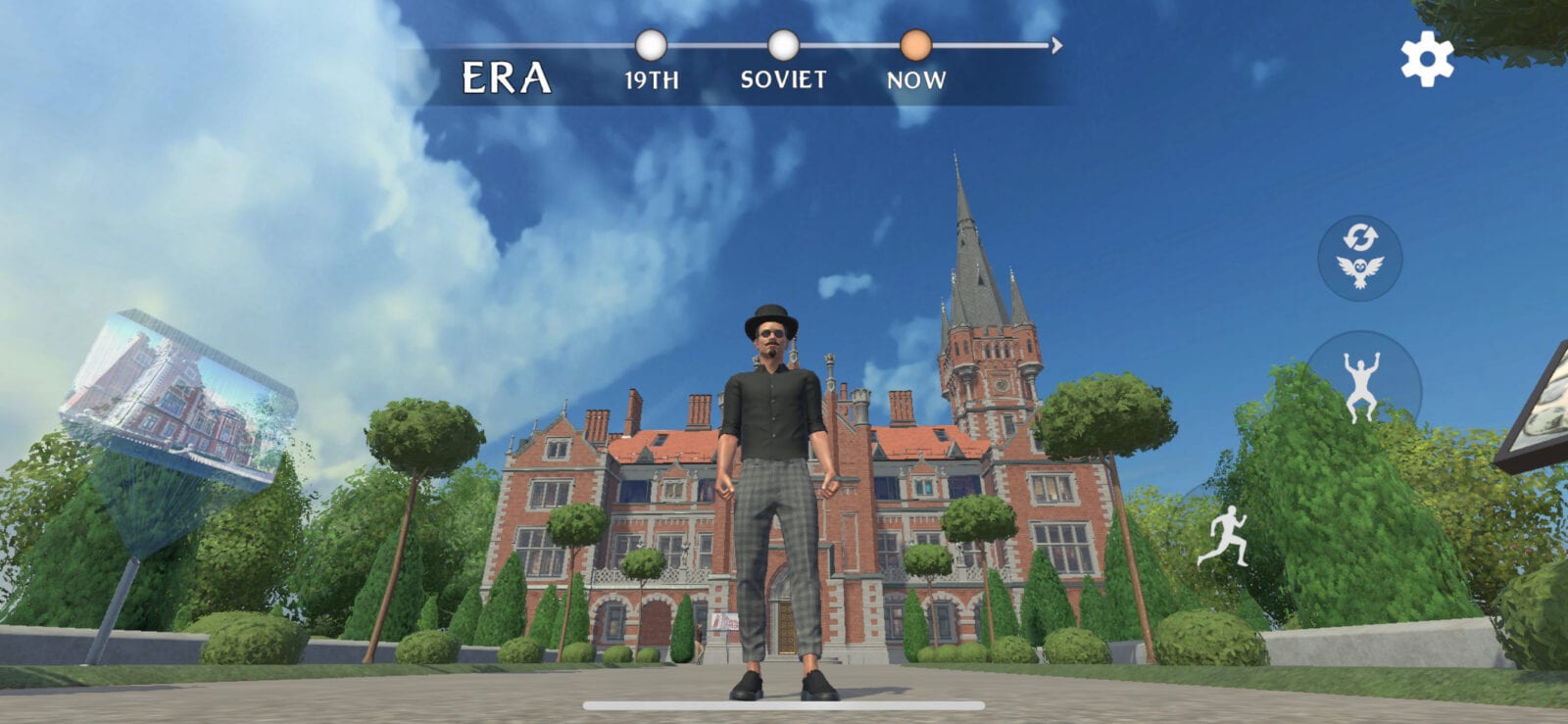 3D avatar in hat stands before a historic mansion in a virtual world with an era timeline selector