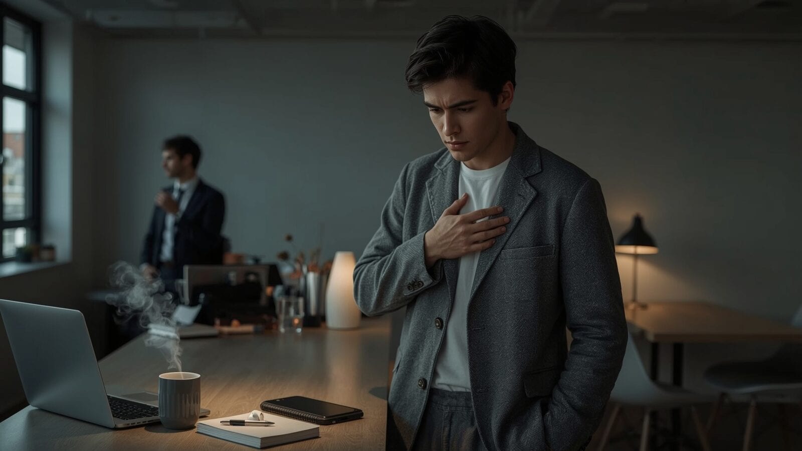 Man in grey blazer pauses at a desk, hand on chest, noticing tension beside a steaming mug