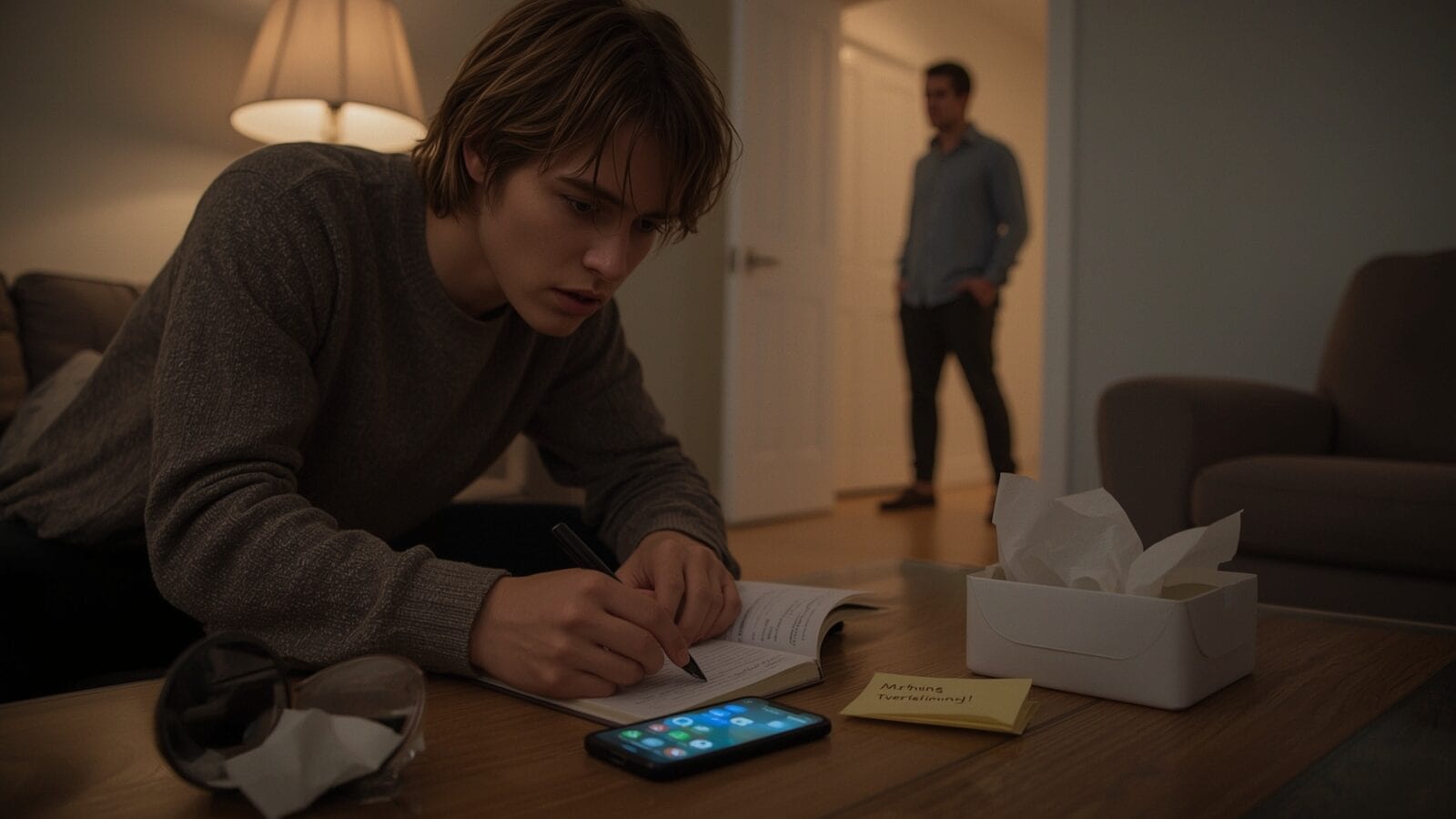 Young person writing an apology note at a coffee table while another person waits in the doorway