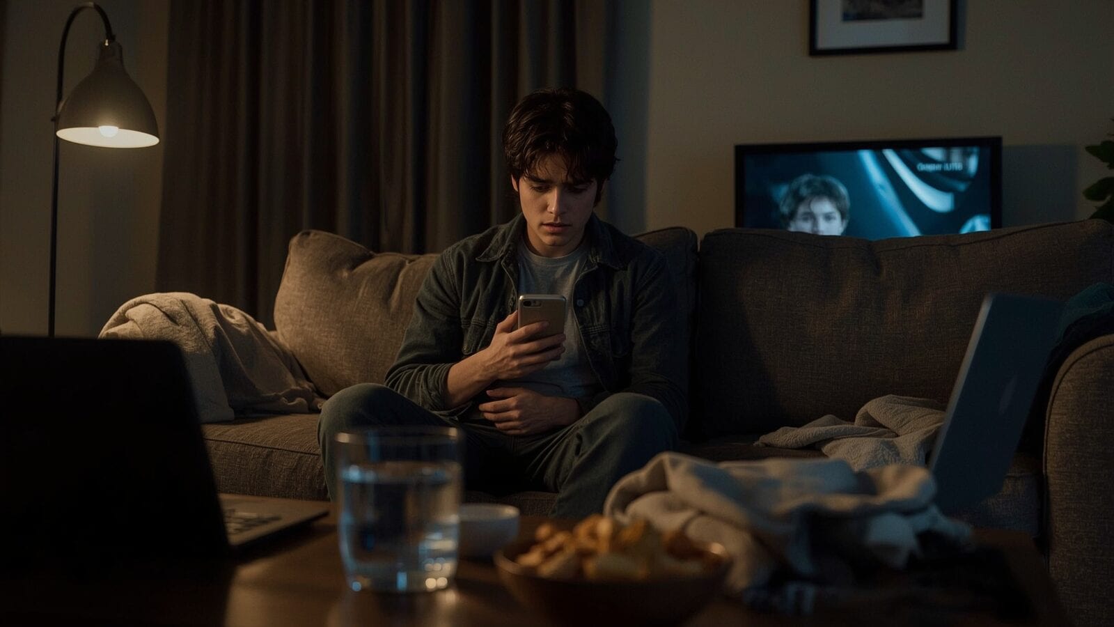 Young man on a couch at night staring at his phone, TV glowing, snacks untouched