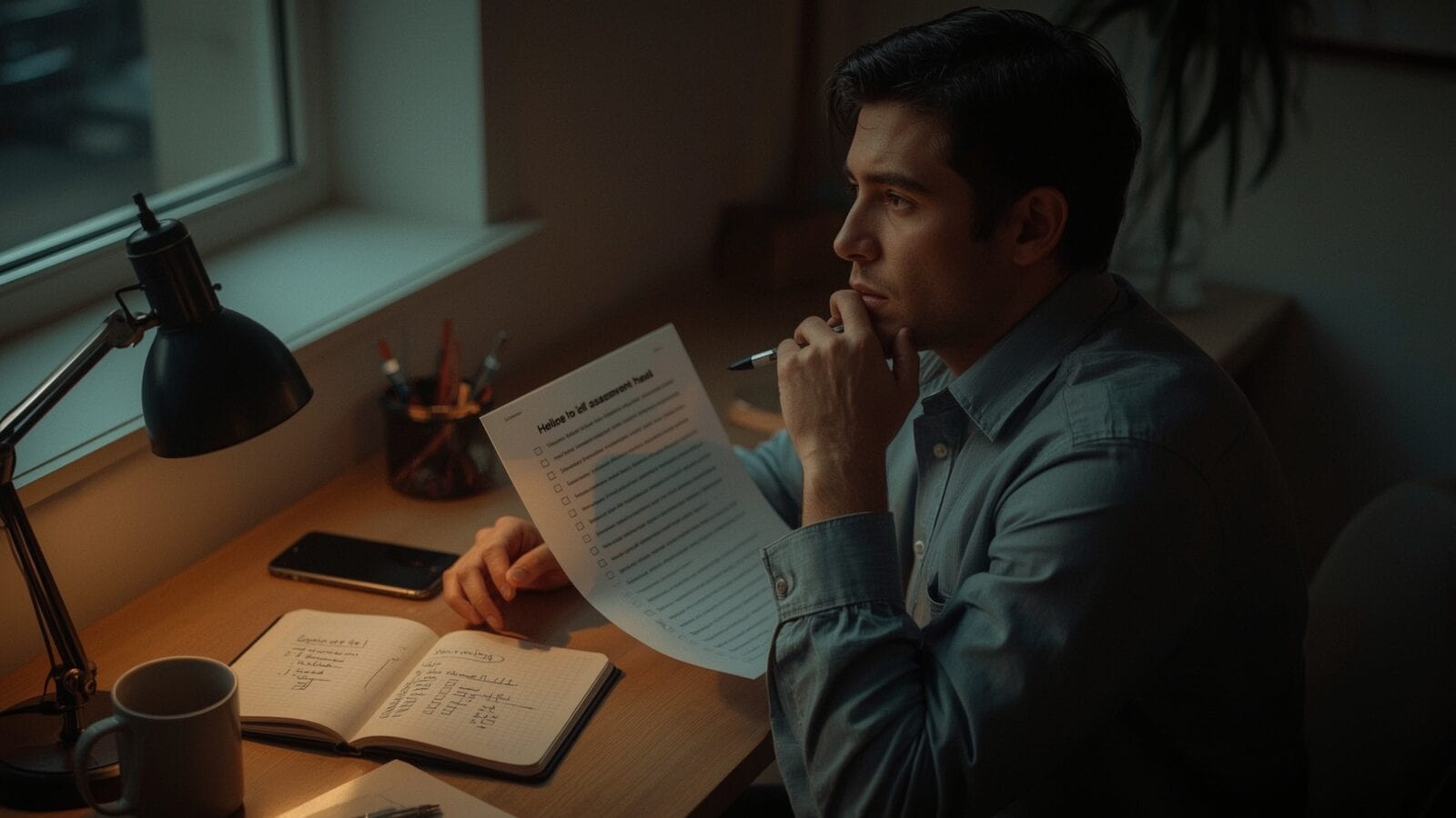 Man at a dimly lit desk pauses with pen at chin while reading a printed assessment form