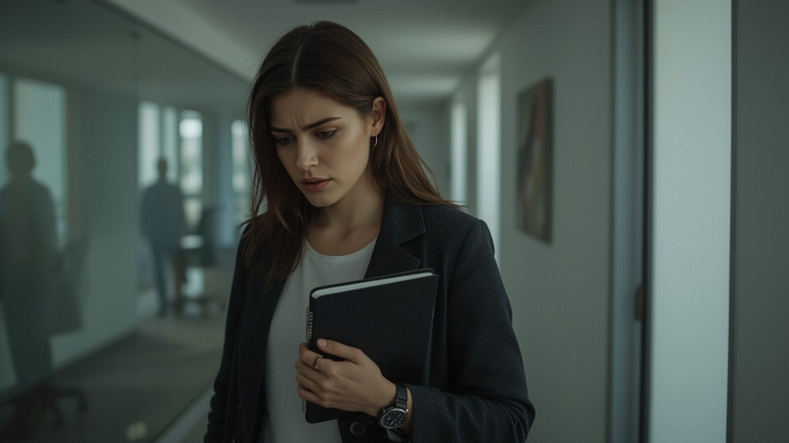 Woman in dark blazer holding a notebook, looking down thoughtfully in a dim office corridor