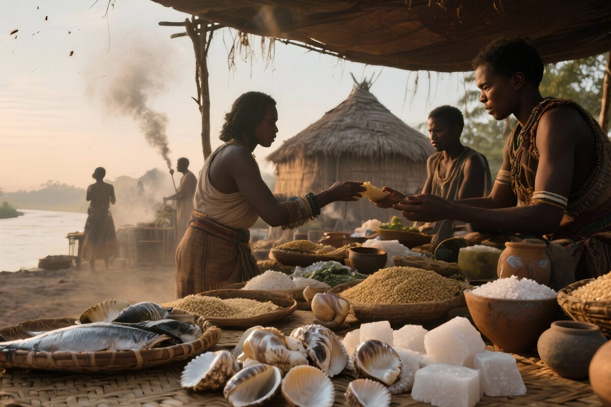 Villagers bartering grain, fish, salt blocks and shells at a riverside market at dawn