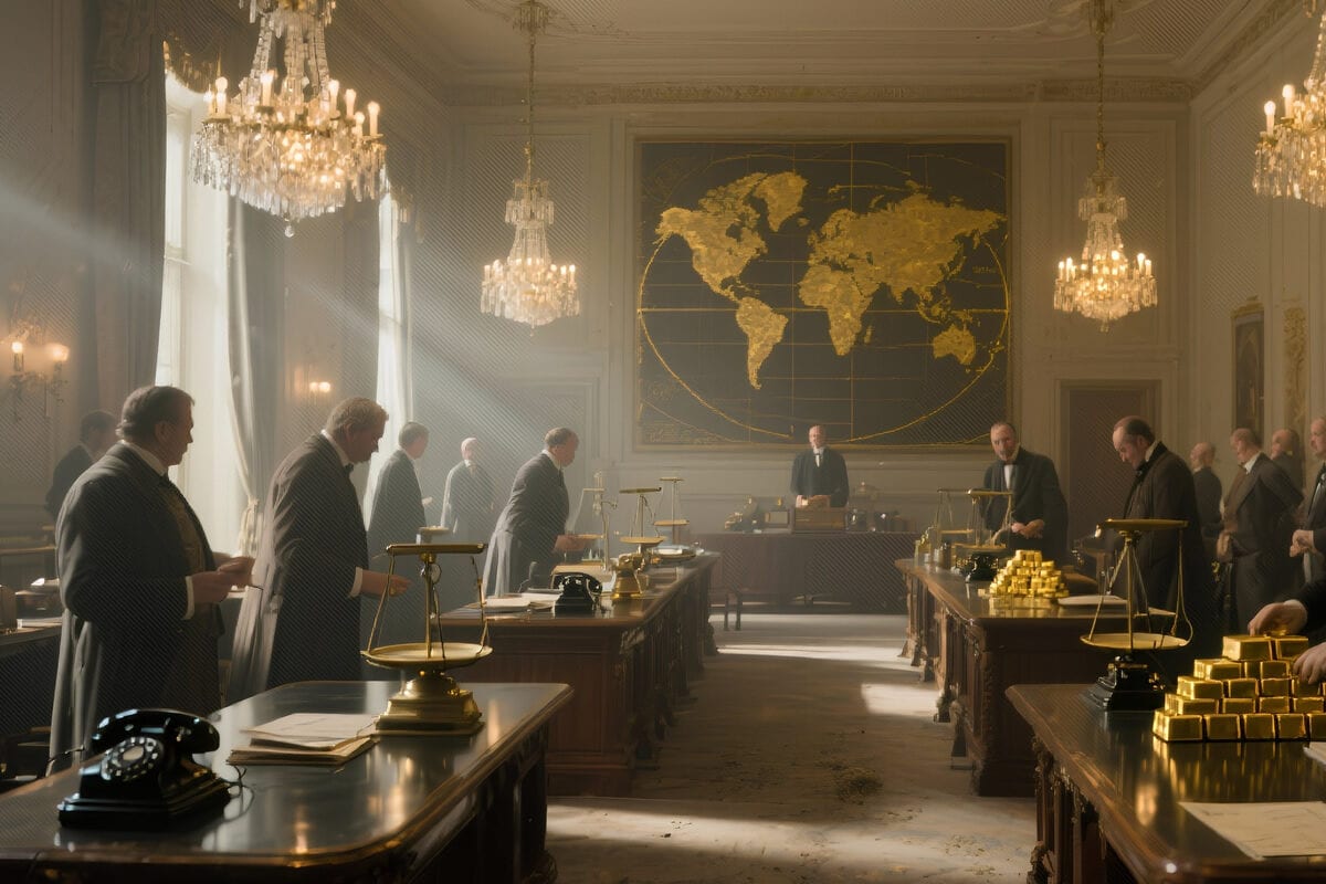 Grand banking hall with bankers, brass scales, stacked gold bars and a gilded world map