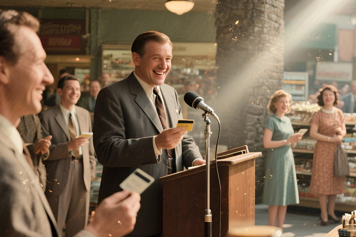 Smiling man in 1950s suit holds a credit card at a podium microphone before an onlooking crowd