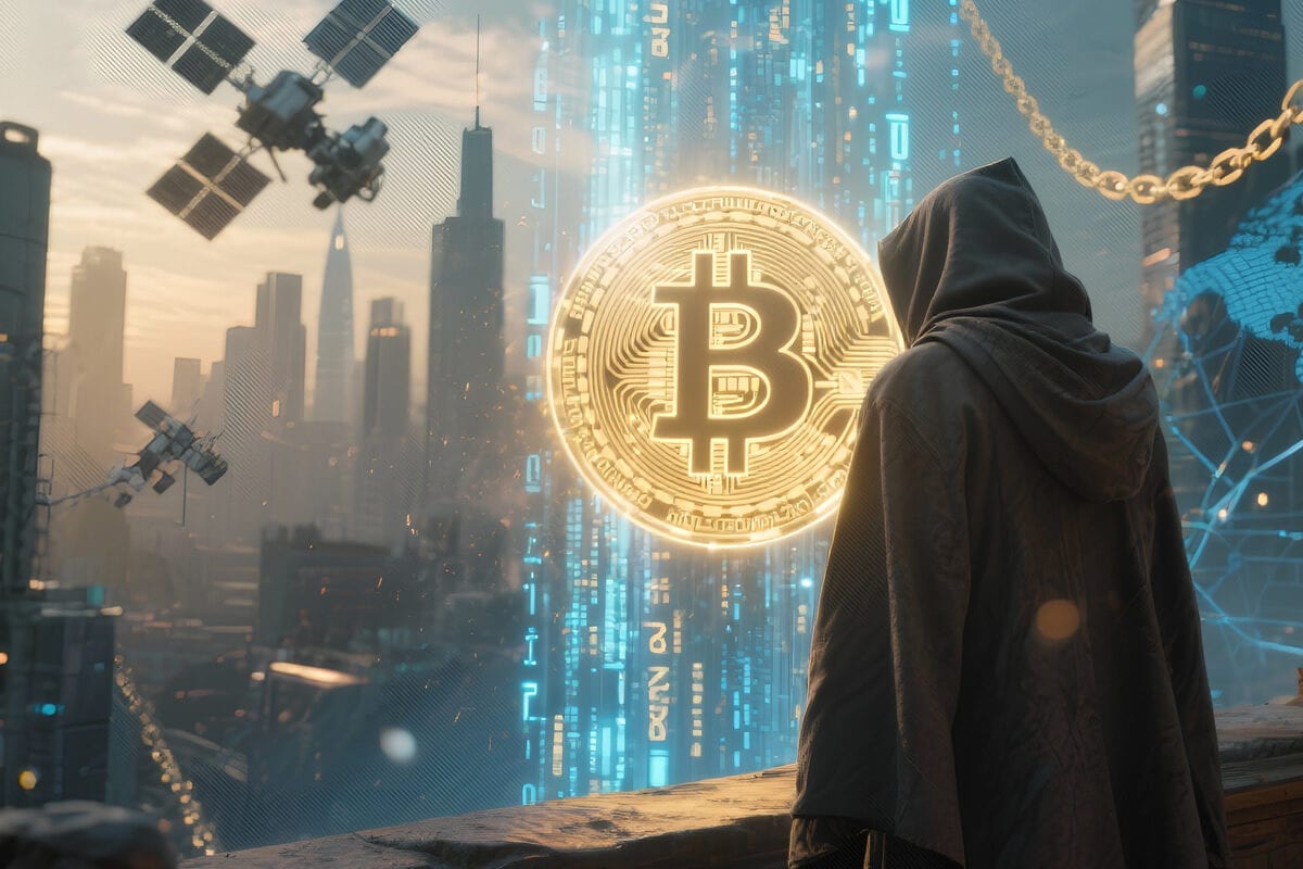 Hooded figure faces a glowing Bitcoin symbol above a futuristic skyline with satellites and data streams