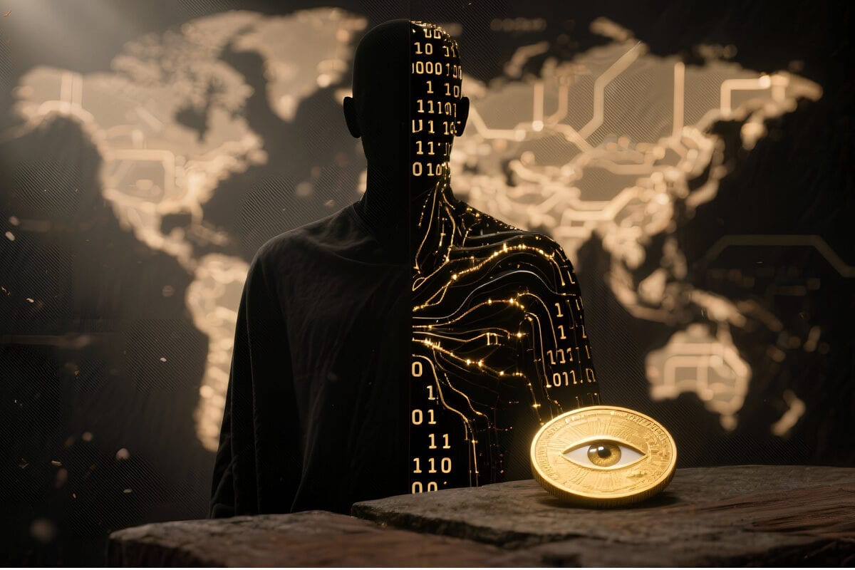 Half-human, half-binary figure before a glowing world map, beside a gold coin bearing an eye