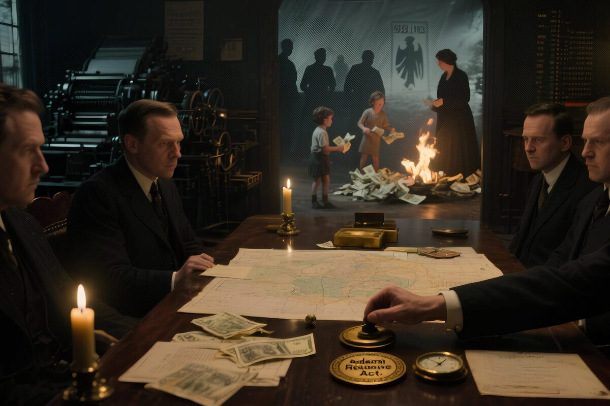 Men in dark suits around a table with maps, gold bars, banknotes and candles; children burn currency behind them