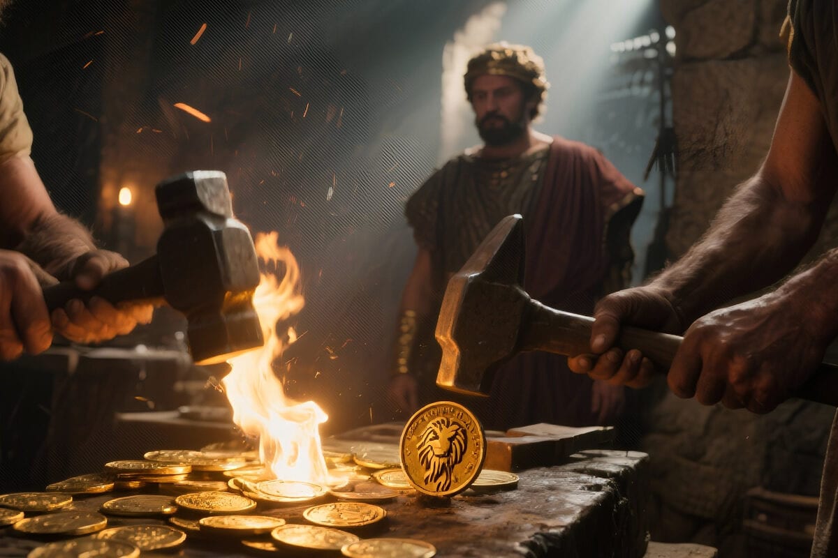 Smiths striking gold coins over a forge fire as a crowned ruler watches in a stone workshop