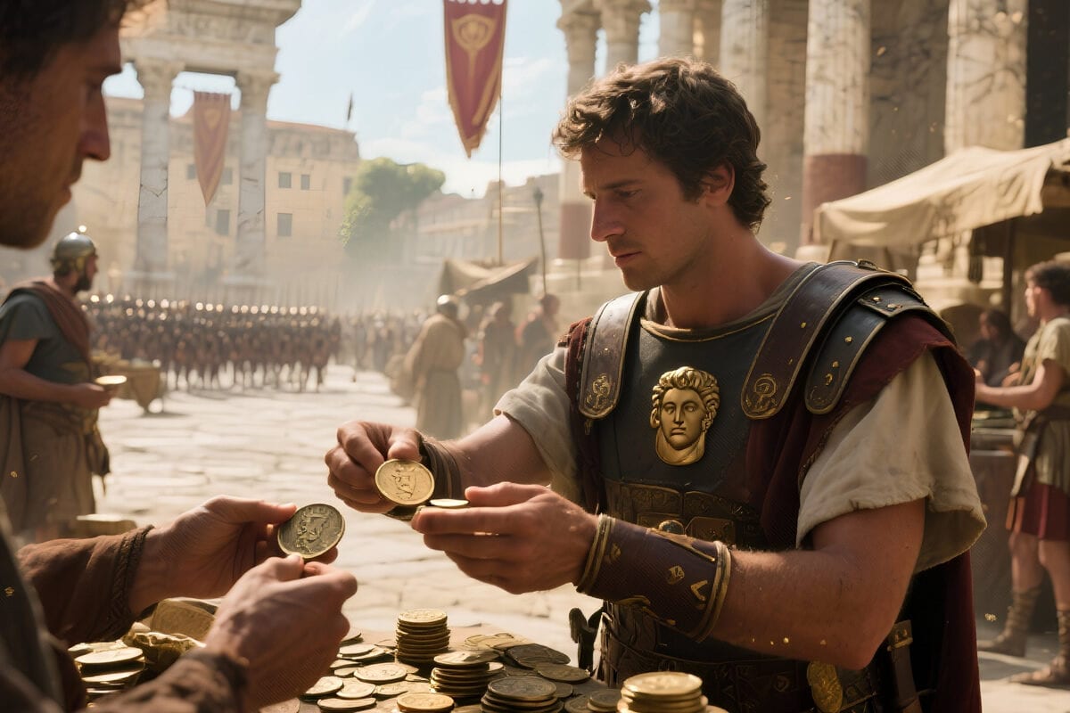 Roman officer in decorated armor inspects gold and silver coins at a forum money table as troops march past