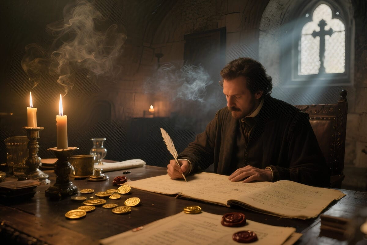 Man in period dress writes in a ledger by candlelight, gold coins and wax seals on the table