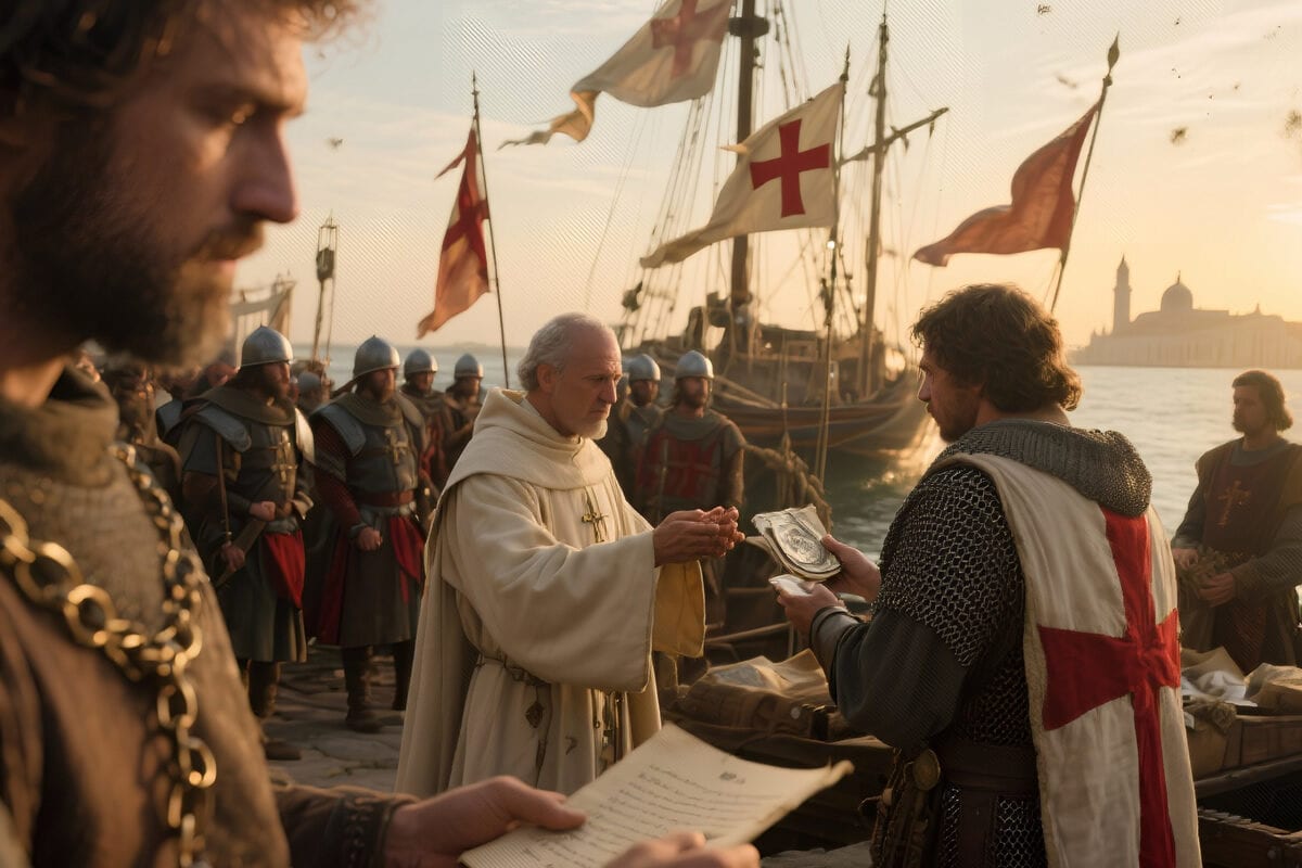 A monk hands a sealed letter of credit to a crusader knight on a harbor quay beside ships