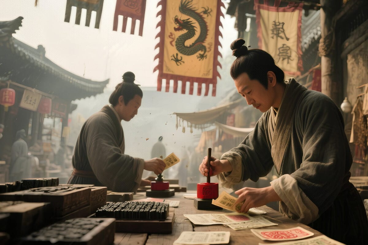 Two robed craftsmen stamp red seals onto printed paper notes at a market workbench with carved woodblocks