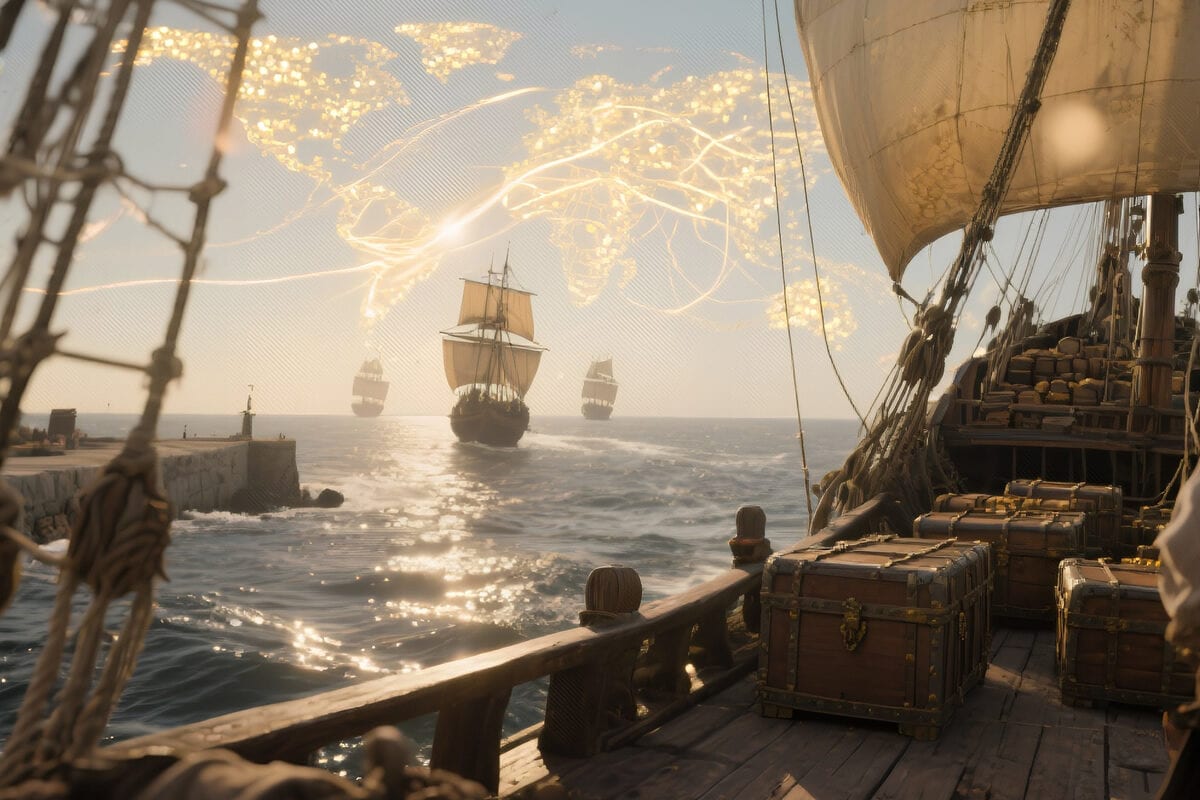 Deck of a wooden sailing ship loaded with treasure chests, galleons ahead, glowing world map in sky